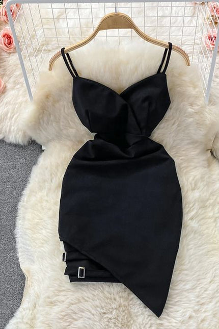 New Summer Sleeveless V-Neck Spaghetti Strap Sheath French Halter Backless Asymmetric Dresses for Women