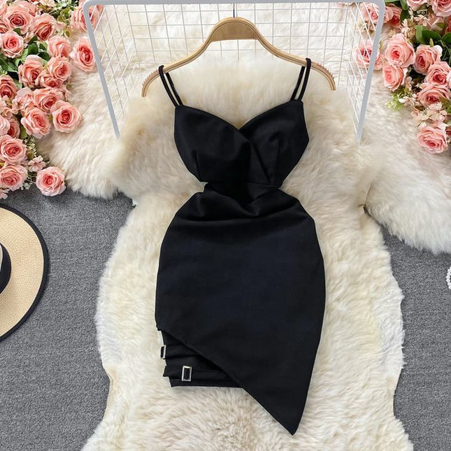New Summer Sleeveless V-Neck Spaghetti Strap Sheath French Halter Backless Asymmetric Dresses for Women