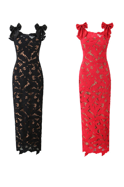 2 Colorway Floral Lace Solid Color Shoulder Strap Back Slit Casual Fashion Maxi Dress for Women