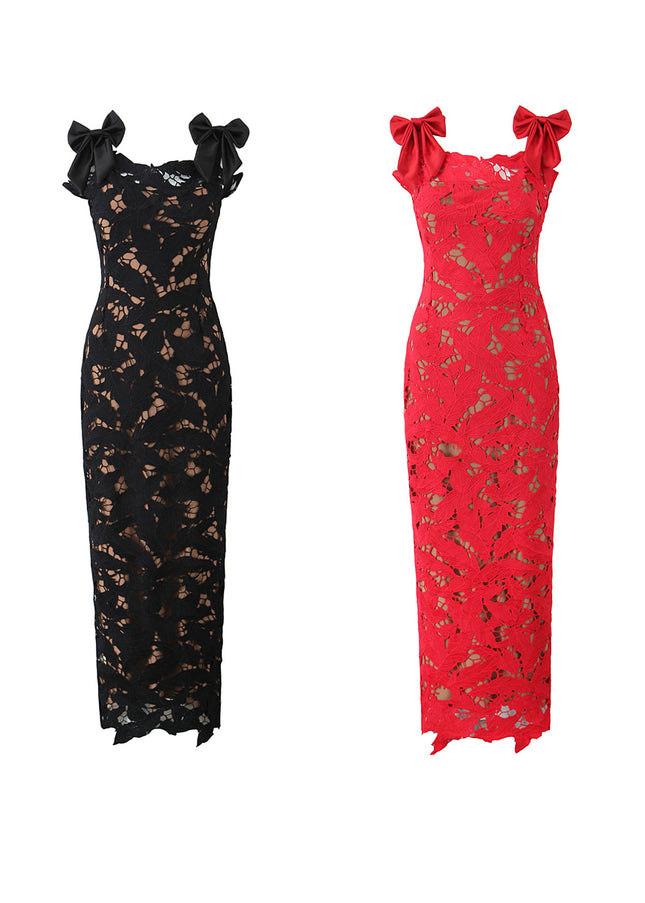 2 Colorway Floral Lace Solid Color Shoulder Strap Back Slit Casual Fashion Maxi Dress for Women