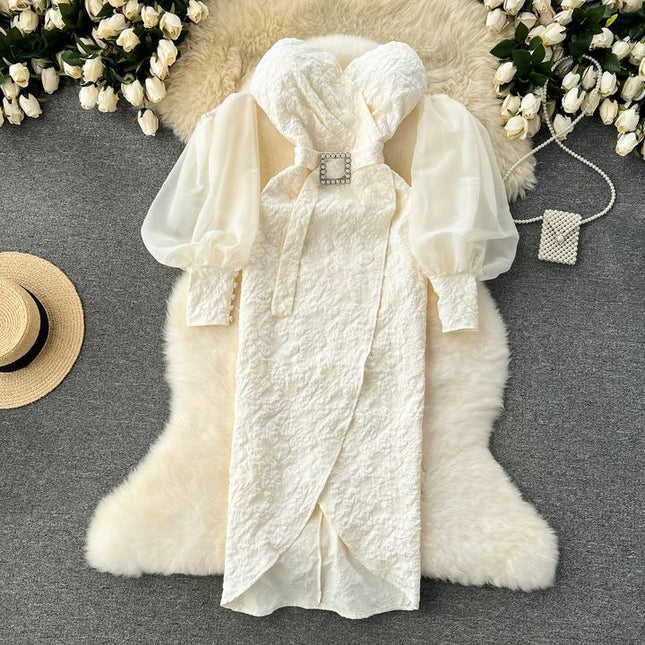 Banquet Dresses High-end Lantern Sleeve Sexy Strapless Chest Slim Long Dresses Women