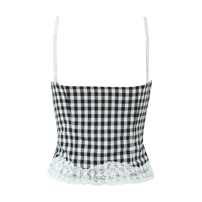 Spaghetti Strap Black White Color Plaid Print Front Bow Tie Lace Casual Fashion Women's Cotton tank Tops