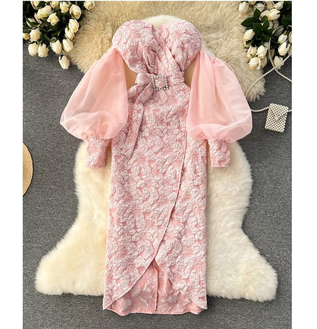 Banquet Dresses High-end Lantern Sleeve Sexy Strapless Chest Slim Long Dresses Women