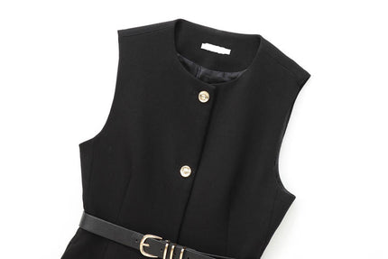 Crew Neck Sashes Buttons up Sleeveless Black Color Casual Fashion Women's Vests & Waistcoats