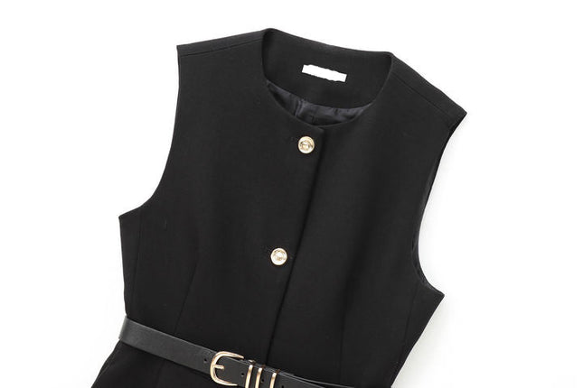 Crew Neck Sashes Buttons up Sleeveless Black Color Casual Fashion Women's Vests & Waistcoats