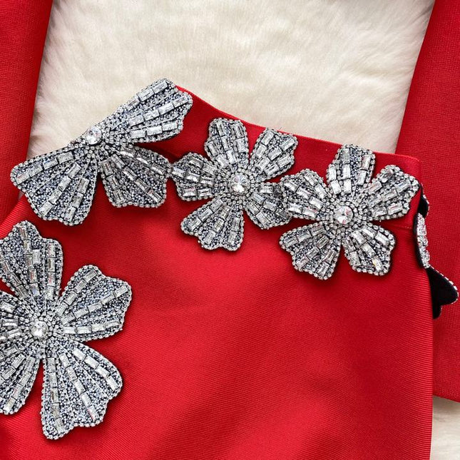 2 Piece Set Long Sleeve Luxury Crystal Flowers Evening Party Mini Skirt Set