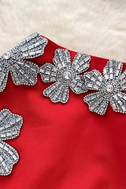 2 Piece Set Long Sleeve Luxury Crystal Flowers Evening Party Mini Skirt Set