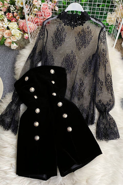 High Quality Lace Velvet Women Bodysuit Jumpsuit Shorts Sexy Two Piece Set Jumpsuit Pants Rompers