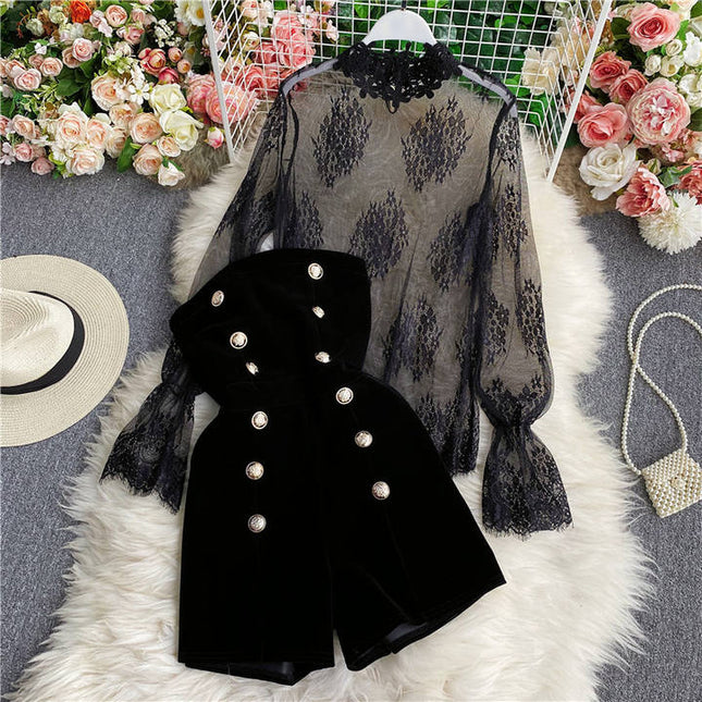 High Quality Lace Velvet Women Bodysuit Jumpsuit Shorts Sexy Two Piece Set Jumpsuit Pants Rompers