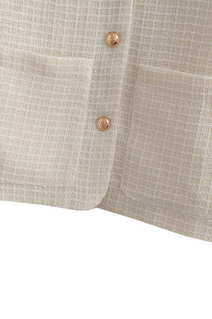 2023 Design Beige Color Crew Neck Single Breasted Front Pockets Long Sleeve Casual Tweed Jacket for Women