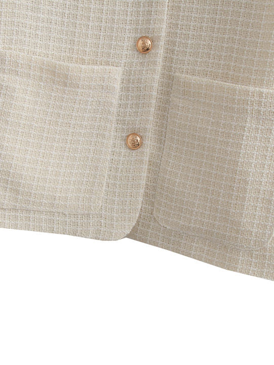 2023 Design Beige Color Crew Neck Single Breasted Front Pockets Long Sleeve Casual Tweed Jacket for Women