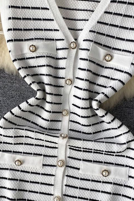 Knitwear Manufacturer Custom Contrast Color Striped V Neck Single Breasted Sleeveless Luxury Knit Dress