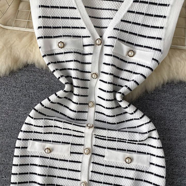 Knitwear Manufacturer Custom Contrast Color Striped V Neck Single Breasted Sleeveless Luxury Knit Dress