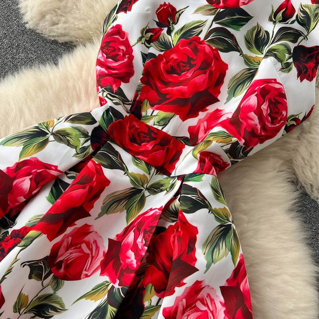Estilo retro vestido estampado para mulheres no verão com uma cintura plissada a linha em torno do pescoço saia sem mangas
