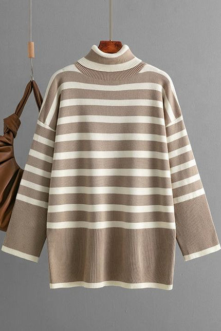 Women's Turtleneck Striped Pullover Sweater Large Size Loose Casual Knit Top Street Wear Long Sleeve Fashion Basic Sweater