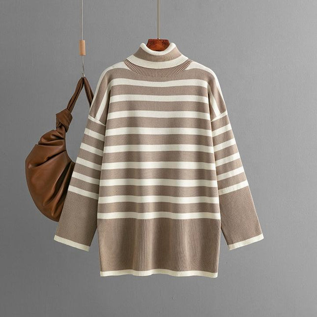 Women's Turtleneck Striped Pullover Sweater Large Size Loose Casual Knit Top Street Wear Long Sleeve Fashion Basic Sweater