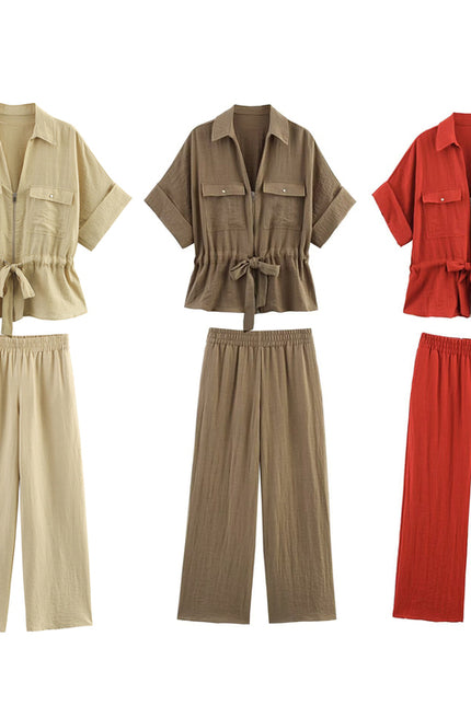 3 Colorway Bow Tie Short Sleeve Solid Color Turn Down Collar Casual Fashion Tops Blouse for Women