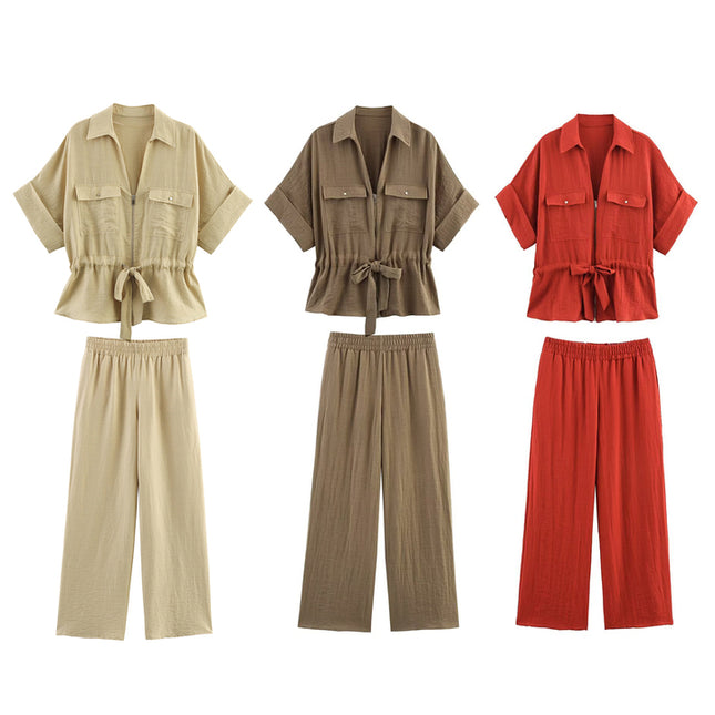3 Colorway Bow Tie Short Sleeve Solid Color Turn Down Collar Casual Fashion Tops Blouse for Women