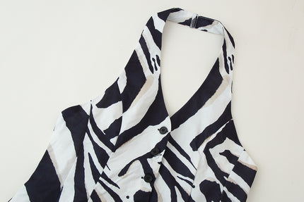 Buttons up Animal Print Black White Color Back Hollow Out Casual Fashion Halter Vest Waistcoat for Women