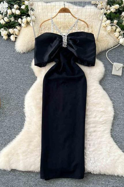 Europe and the United States Fashion Diamond Chain Slim Mid-Length Elegant Evening Dresses