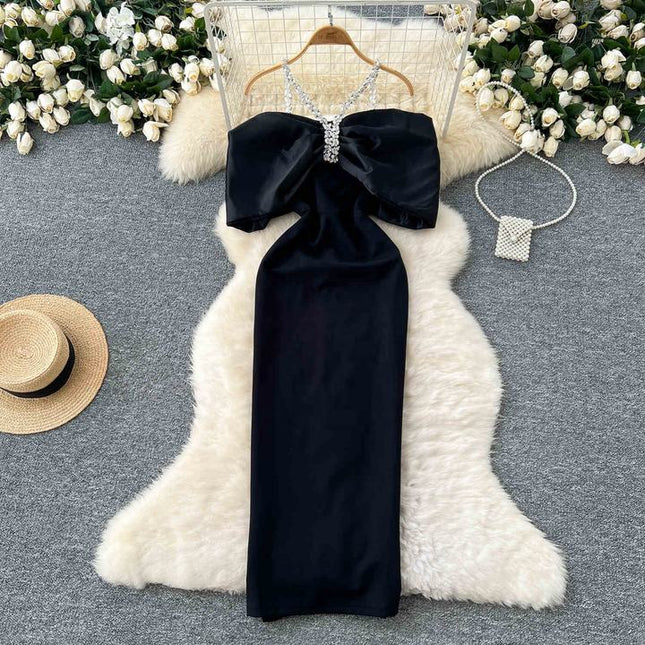 Europe and the United States Fashion Diamond Chain Slim Mid-Length Elegant Evening Dresses