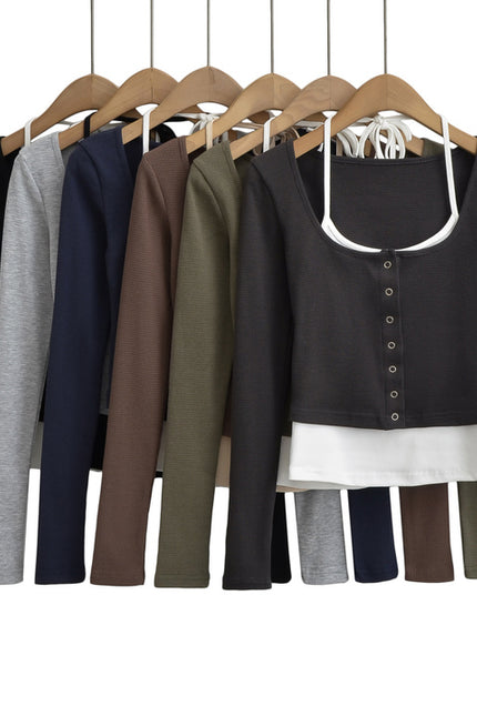 6 Colorway Buttons up Long Sleeve Knitted Solid Color Patchwork Design Casual Fashion Women t Shirt