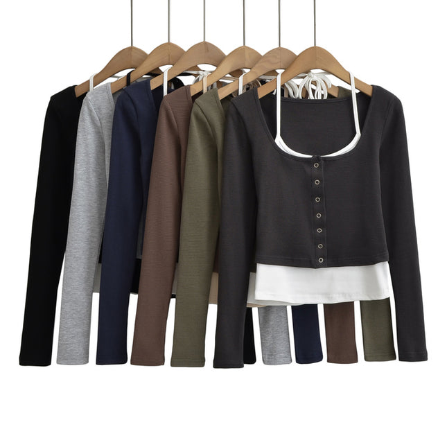 6 Colorway Buttons up Long Sleeve Knitted Solid Color Patchwork Design Casual Fashion Women t Shirt