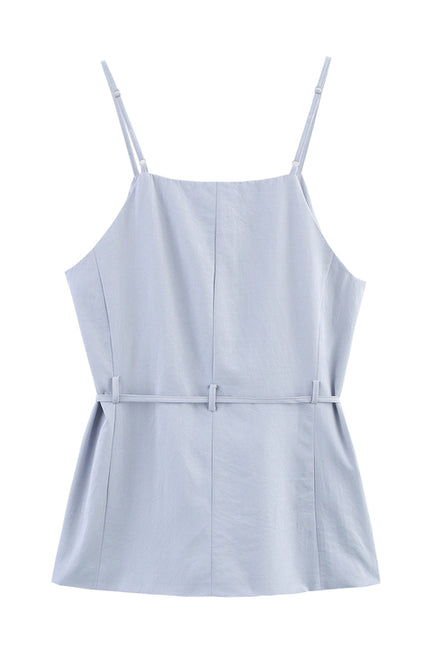 Blue Color Buttons up Spaghetti Strap Sashes Casual Fashion Women's tank Tops