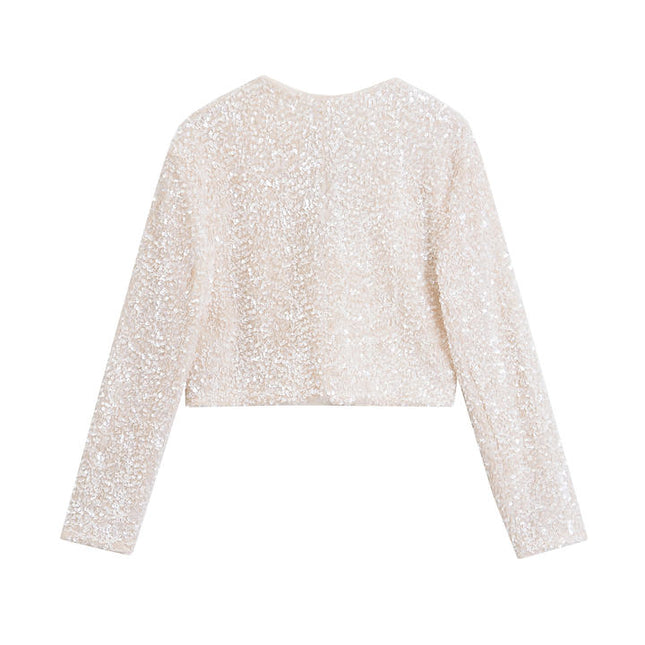 2 Colorway Solid Color Front Bow Tie Crew Neck Long Sleeve Sequin Casual Fashion Women's Jacket