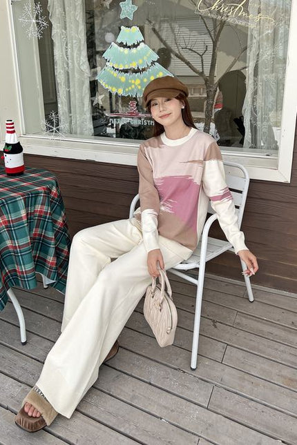 Round Neck Contrasting Color Autumn and Winter New Casual Loose Slimming Wide Leg Pants Knitted Two-piece Set for Women