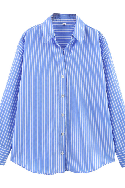 3 Colorway Striped Print Turn Down Collar Buttons up Long Sleeve Casual Fashion Tops Blouse for Women