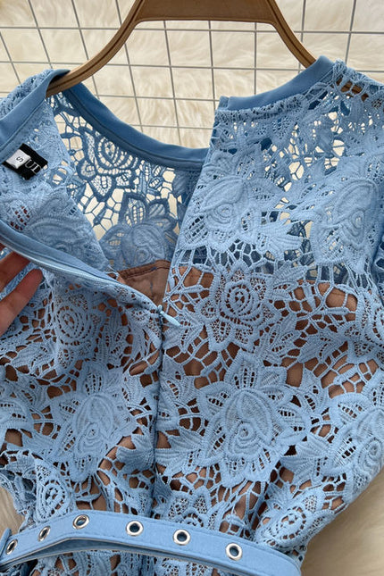 2025 Short Sleeved Dress with Hollow Embroidery Design for Women's Summer Mid Length Skirt