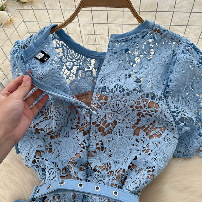 2025 Short Sleeved Dress with Hollow Embroidery Design for Women's Summer Mid Length Skirt