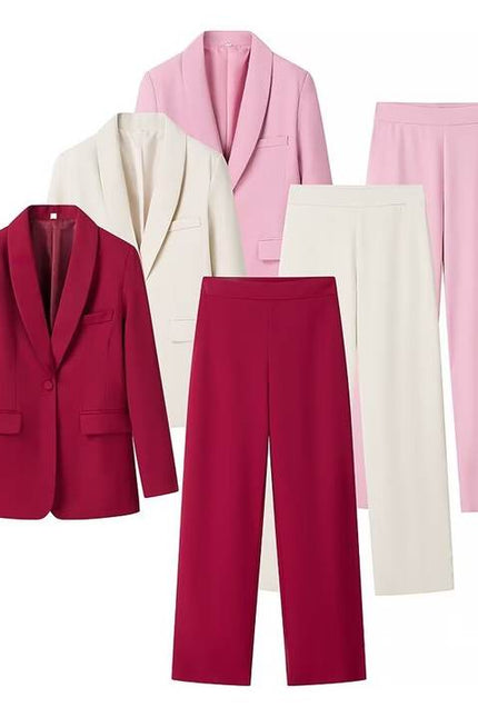 3 Colorway Color sólido Botón único Chaqueta de manga larga Pantalones largos Casual Mujer Conjunto de 2 piezas