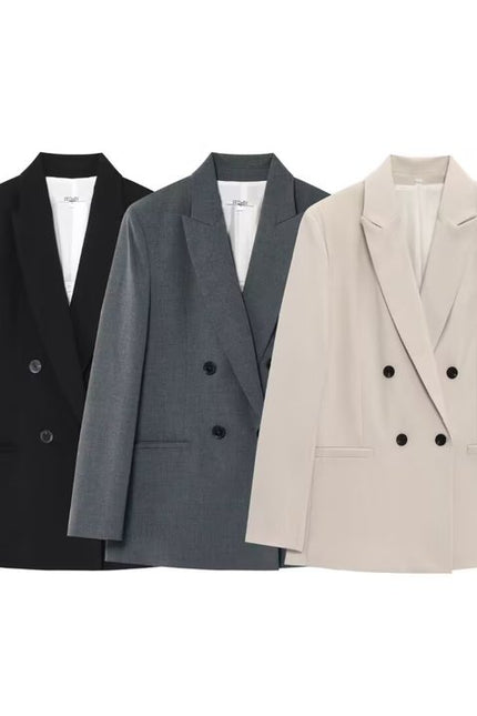 3 Colorway Notched Collar Double Breasted Solid Color Long Sleeve Casual Fashion blazer Jacket for Women