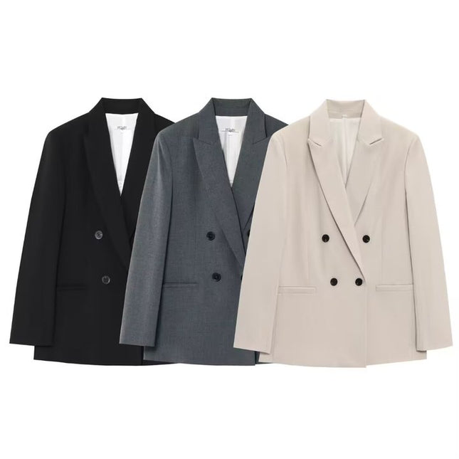 3 Colorway Notched Collar Double Breasted Solid Color Long Sleeve Casual Fashion blazer Jacket for Women