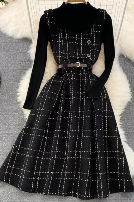 Fall Winter Vintage Style Stand Collar Bottom Sweater Two Piece Plaid Suspender Dress Waist A-Line Dress