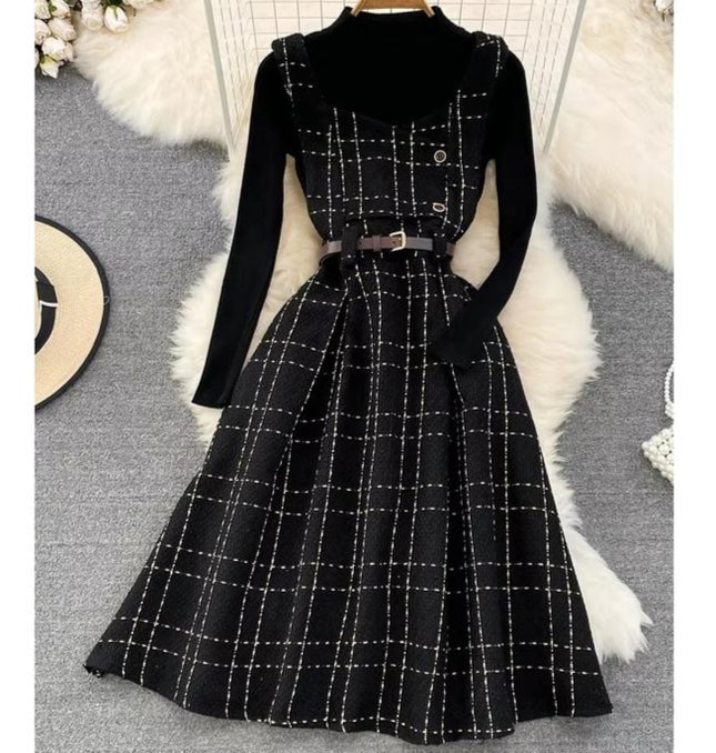 Fall Winter Vintage Style Stand Collar Bottom Sweater Two Piece Plaid Suspender Dress Waist A-Line Dress