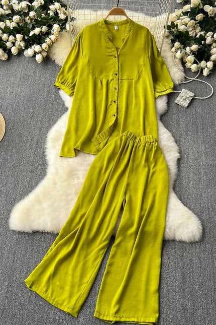 Women Loose Versatile Short-Sleeved Shirt Wide-Legged Pants Casual Two Piece Set