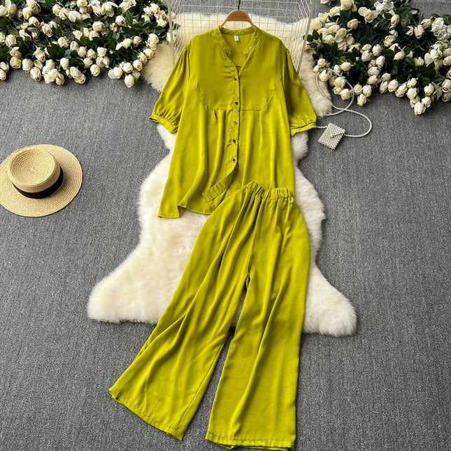 Women Loose Versatile Short-Sleeved Shirt Wide-Legged Pants Casual Two Piece Set
