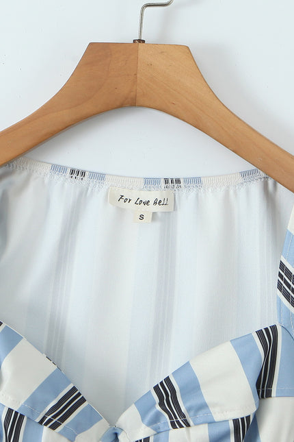 Square Collar Striped Print Short Sleeve Blue White Color Casual Fashion t Shirt for Women