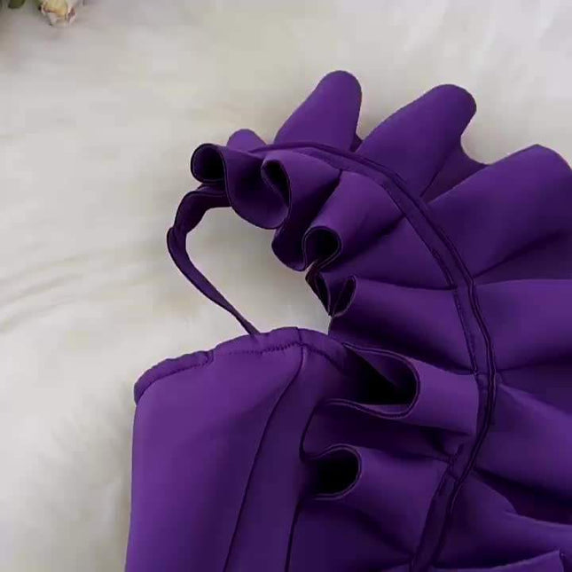 Fashion Premium Ruffle Sheath Hanging Neck Waist Purple Tight Gown Dresses