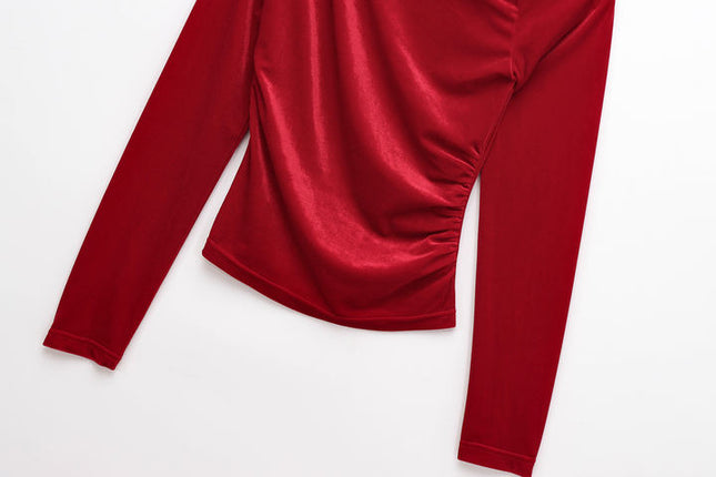 2 Colorway Asymmetrical Design Solid Color Long Sleeve Pleated Hot Sale Casual Fashion t Shirt for Women