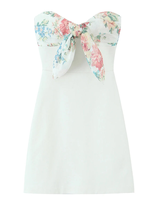 Strapless White Color Front Bow Tie Floral Print Casual Fashion Summer Mini Dress for Women
