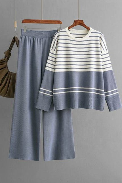 Autumn Winter New Striped Knitted Two-piece Round Neck Sweater Top + Fashion Trousers 2-piece Set