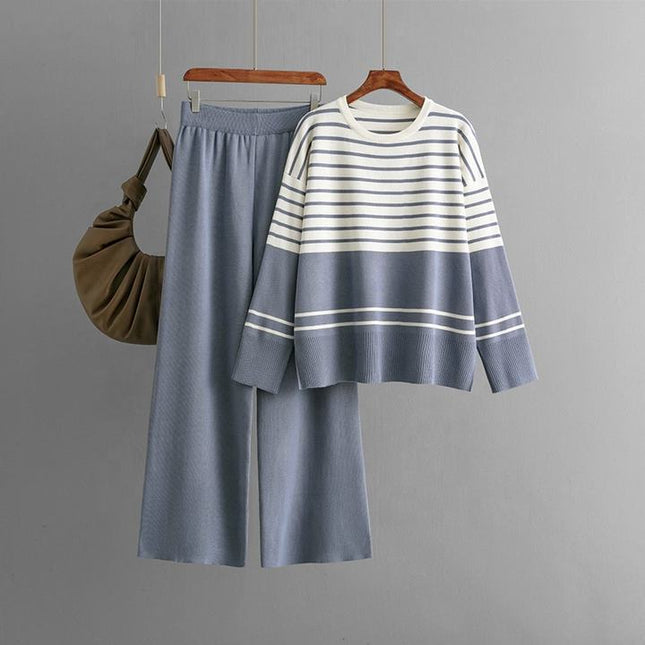 Autumn Winter New Striped Knitted Two-piece Round Neck Sweater Top + Fashion Trousers 2-piece Set