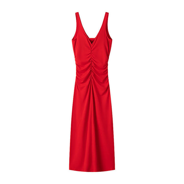 2 Colorway Solid Color Shoulder Strap Pleated Casual Fashion Long slip Dress for Women