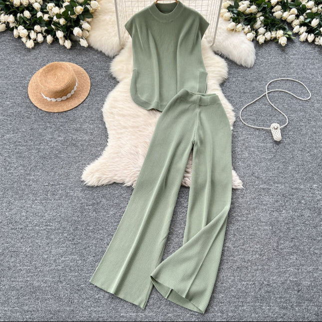 Two-piece Knitted Suit for Women Loose-fitting Round-neck Sleeveless Top Slit High-waisted Wide-leg Trousers