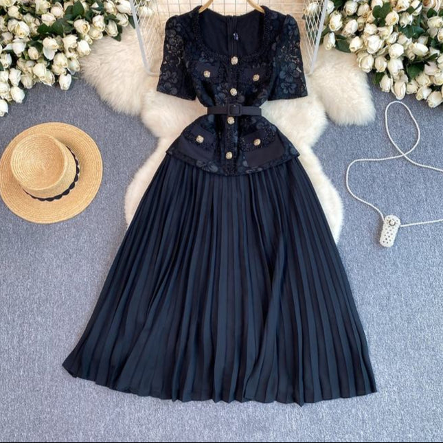 French Women Exquisite Square Neck Lace Patchwork Pleated Long Gown Elegant Casual Dress