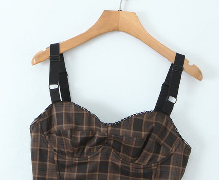 Brown Color Plaid Print Shoulder Strap Casual Fashion Women's Crop tank Top